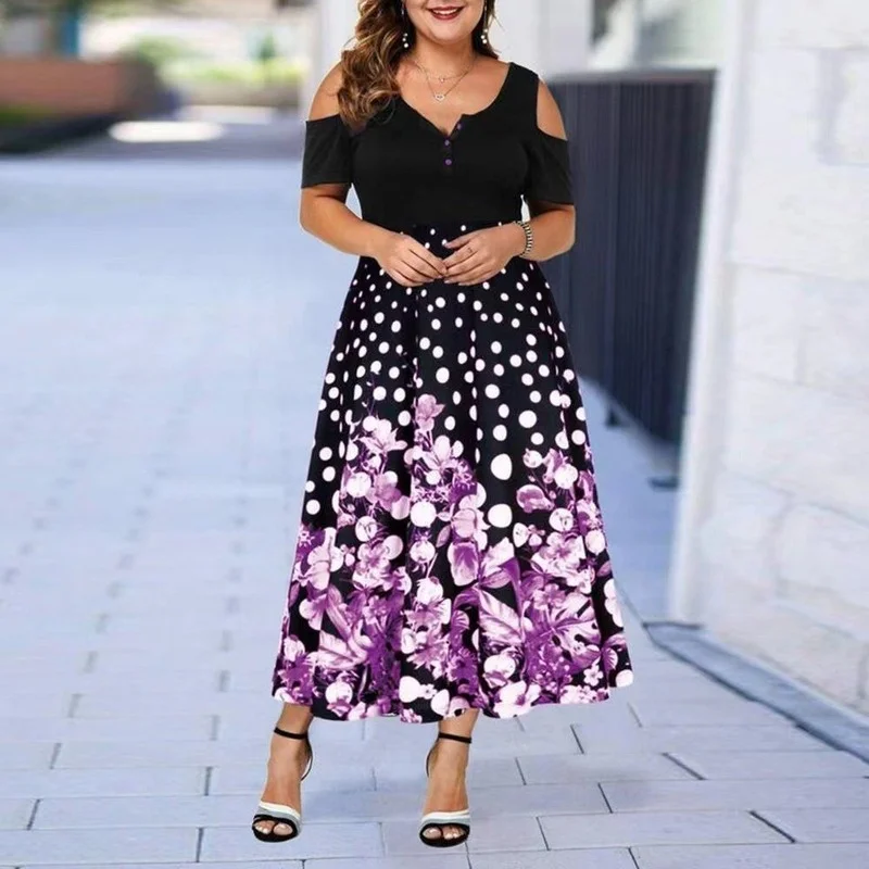 

2022 Summer New Women's Plus Size Dress Digital Positioning Flower Plus Size Women's Casual Long Short-sleeved Dress Mid-Calf