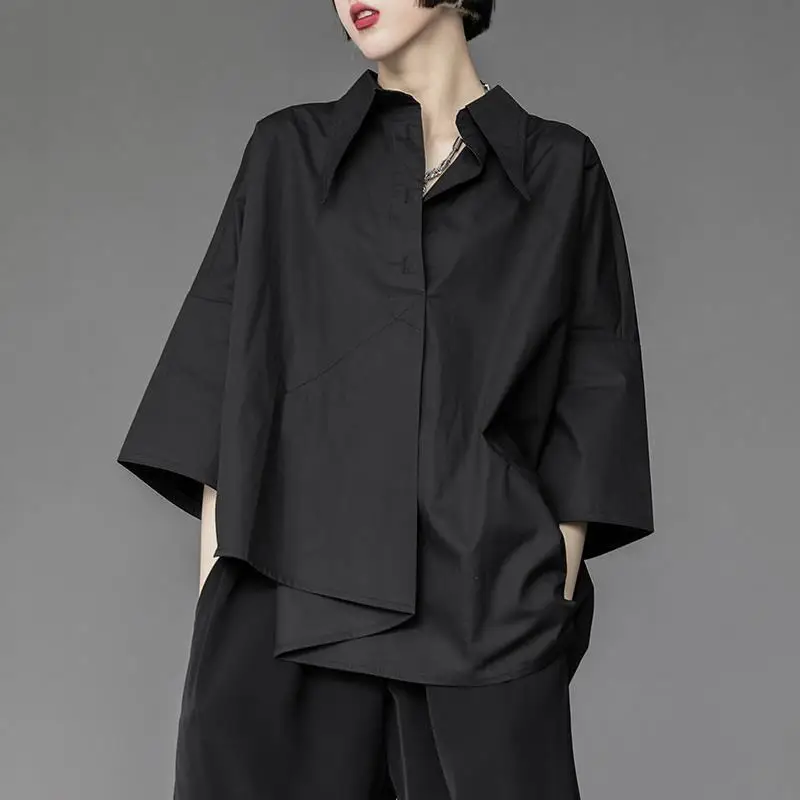 QWEEK Women's Blouse Asymmetrical Harajuku Japanese Korean Style Black White Shirt Loose Button Up Tops Casual Summer Fashion