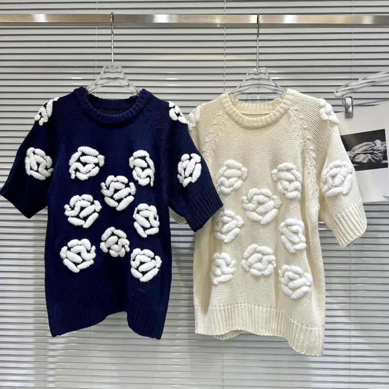 

PREPOMP 2023 Autumn New Arrival Round Neck Short Sleeve Embroidery Petal Knitted T Shirt Women GM026