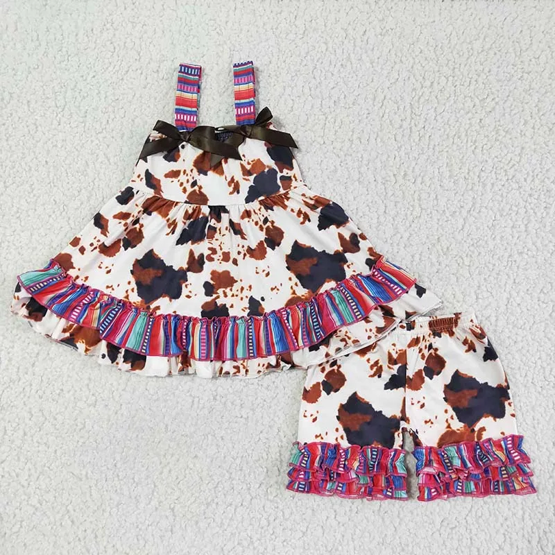 

Baby Girl Brown Cow Print Summer Clothes Children Sleeveless Top Set Wholesale Kid Ruffle Colorful Stripe Shorts Toddler Outfit