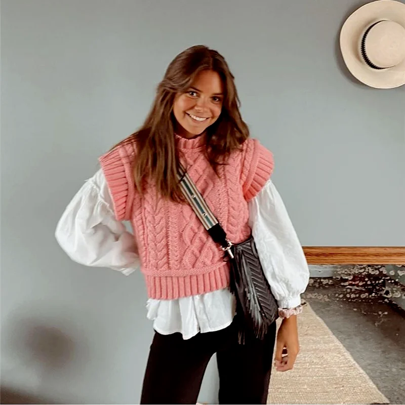 

Cute Sweaters Pink Women Casual Turtleneck Knitted Pullover Vest Autumn Chic Lady Girls Knitted Jumpers Knitting Sweater G2928