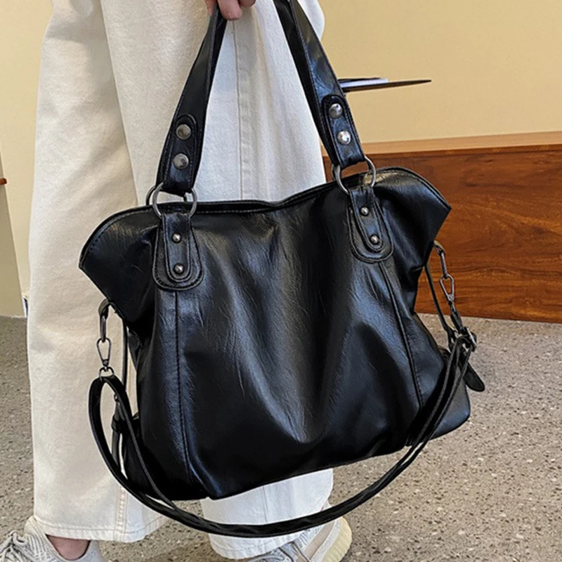 

Big Black Shoulder Bags For Women Large Capacity Shopper Bag Solid Color Zipper Leather Crossbody Bag Lady Travel Tote Handbag