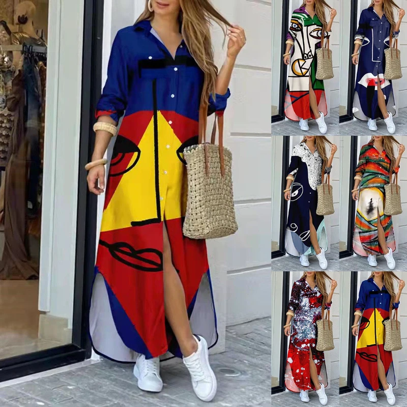

Women Long Sleeve Shirt Dress Casual Boho Printed Dresses Fashion Summer Single Breasted Button Party Female Maxi Dress Vestidos