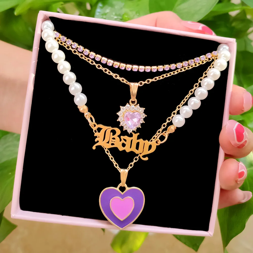 2022 Colorful Multilayer Heart Enamel Pearl Beaded Necklace For Women Stainless Steel BABE Letter Pendant Necklace Jewelry