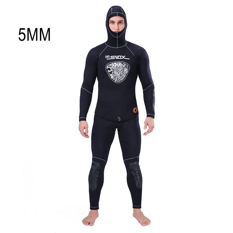 5MM Long Sleeve Fission Hooded 2 Pieces Neoprene For Men Keep Warm Waterproof Diving Suit Scuba Hunting Snorkeling Swim WetSuit