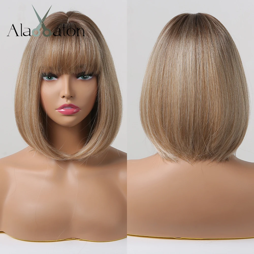 

ALAN EATON Short Straight Bob Wig with Bangs for Women Blonde with Brown Highlight Synthetic Wigs Heat Resistant Cosplay Hair