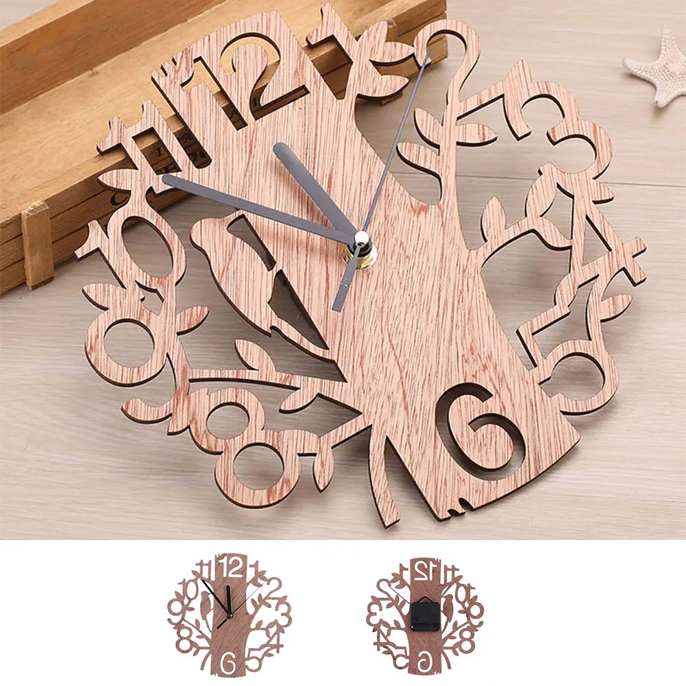 

Wooden Round Wall Clock Hanging DIY Tree Shape Watches Battery Operated for Office Living Room Home Decoration Bedroom Supplies