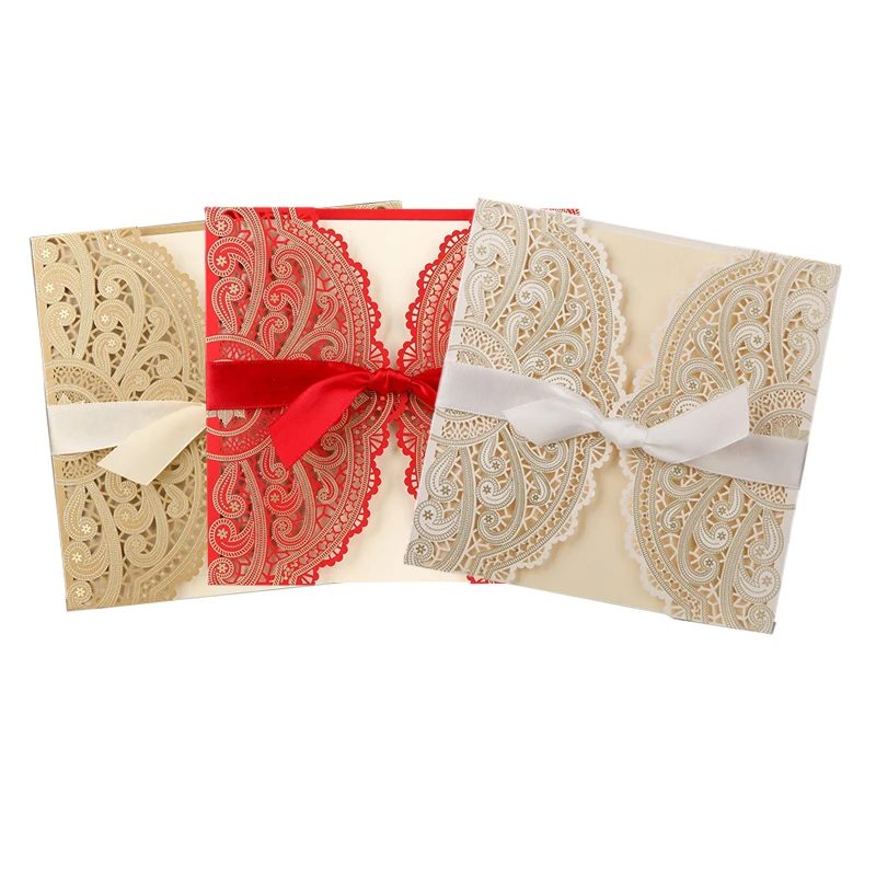 

25/50Pcs Laser Cut Elegant Wedding Invitations Card Lace Floral Greeting Card Custom WIth Ribbon Birthday Wedding Party Supplies