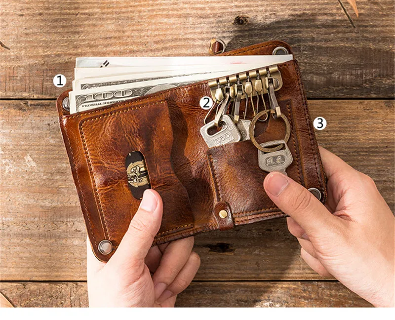 Retro fashion high quality natural genuine leather men's and women's short wallet outdoor daily real leather storage key case