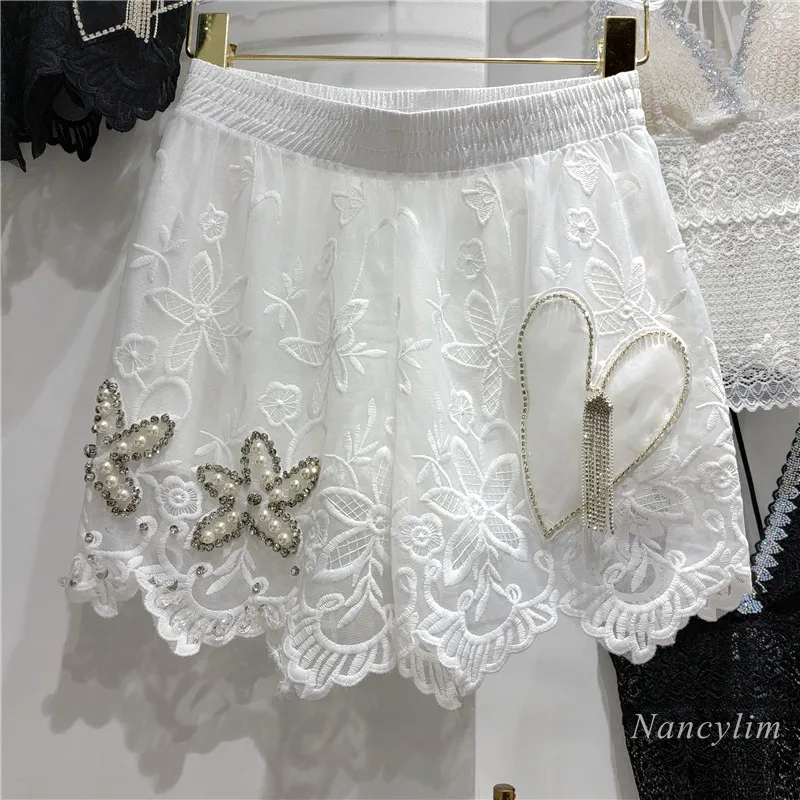 

2022 Summer Woman's Lace Shorts New Rhinestone Love Heart Flowers Pearl Beaded Organza Short Girls Ladies Clothes White Black