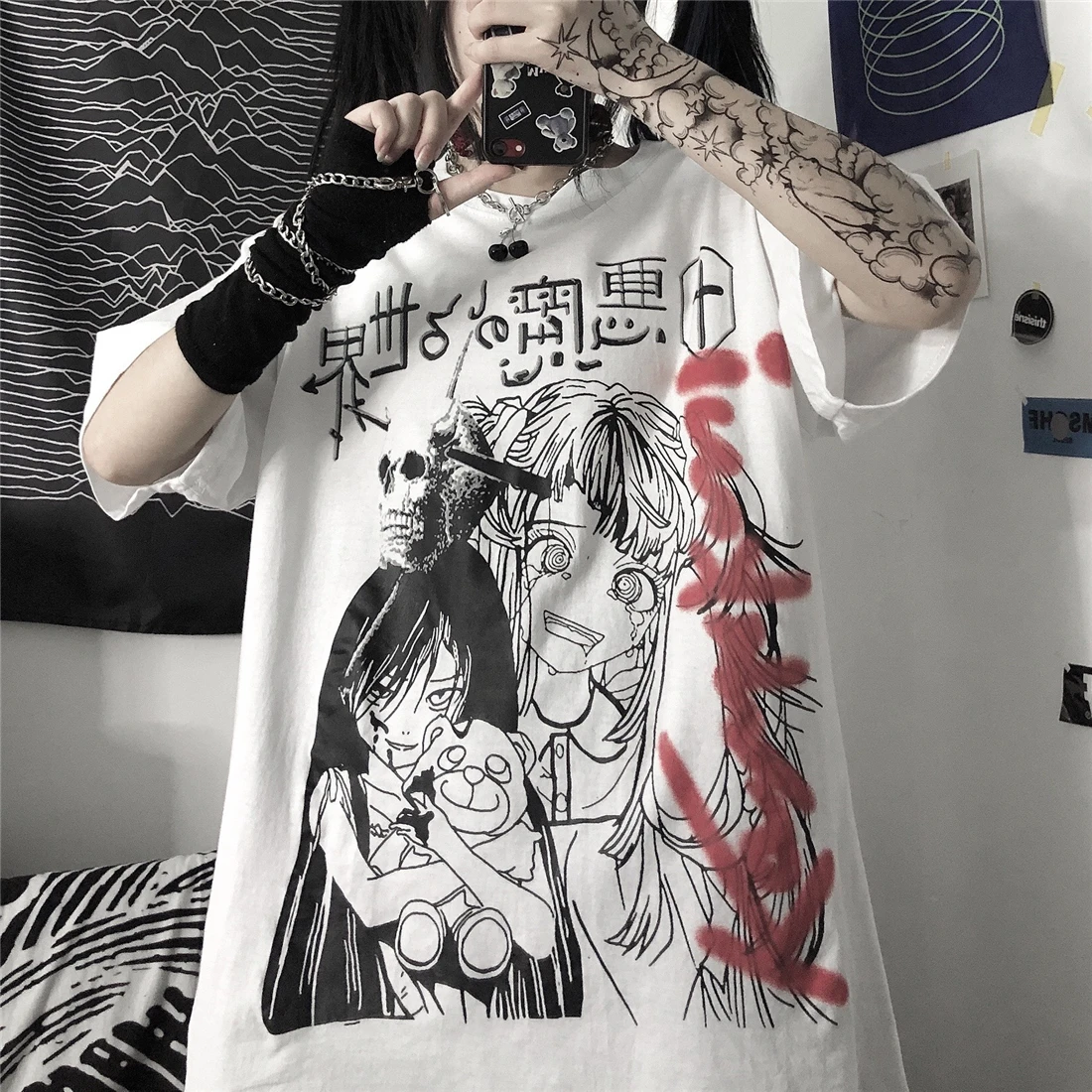 

Women's T-shirt Devil's World Printing Summer Loose Harajuku Street White Short-sleeved Street Ladies Shirt Clothing Tops