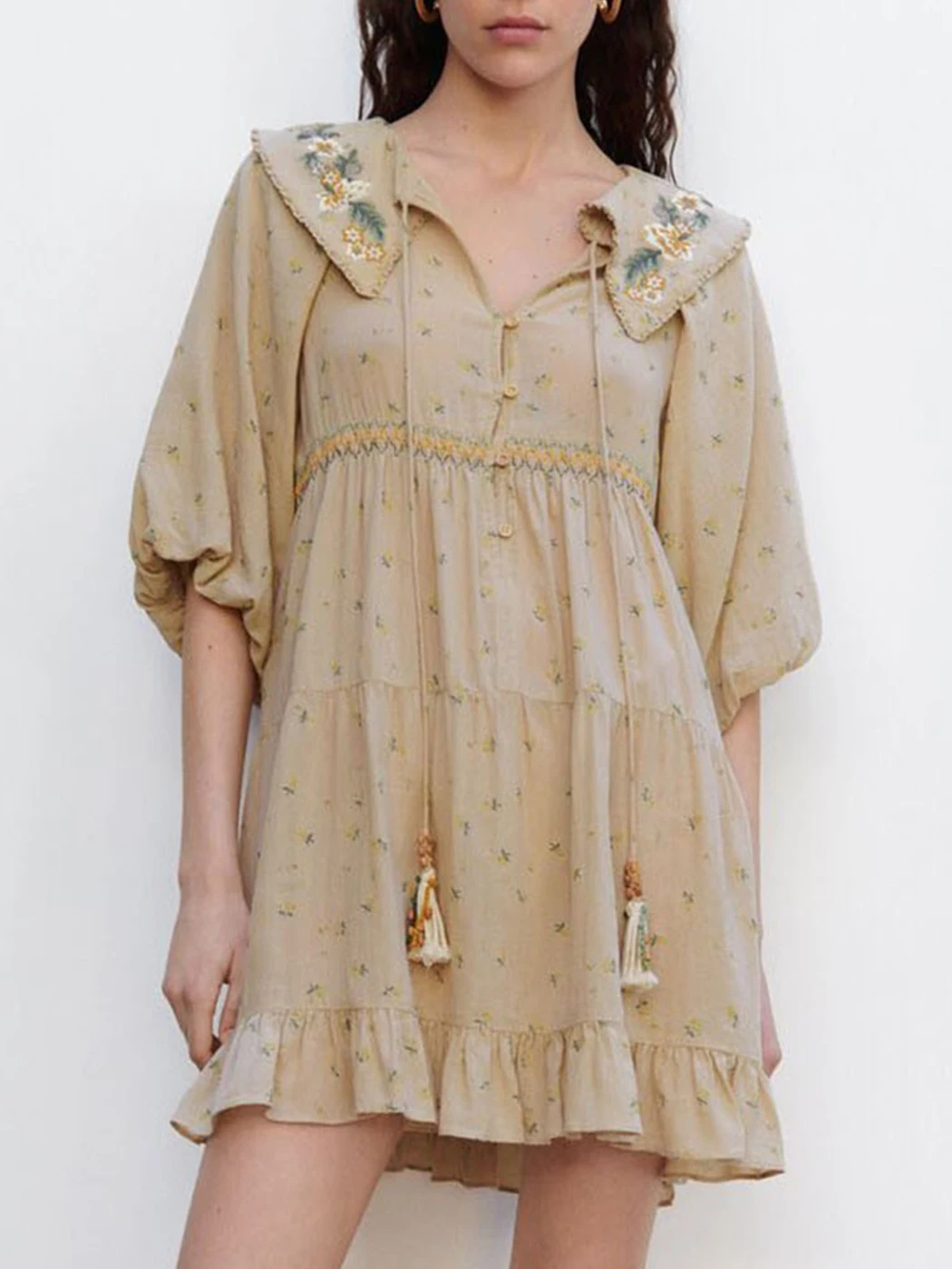 

Jastie Bohemian Floral Print Women Mini Dress 2022 Embroidery Peter Pan Collar Half Sleeve Single Breasted Summer Dresses Female