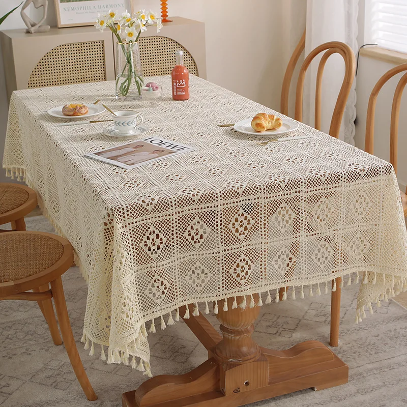 

European Pastoral Crochet Table Cloth Woven Hollowed Out Tablecloth Tassel Cover Tea Table Cover Dust-proof Table Decoration