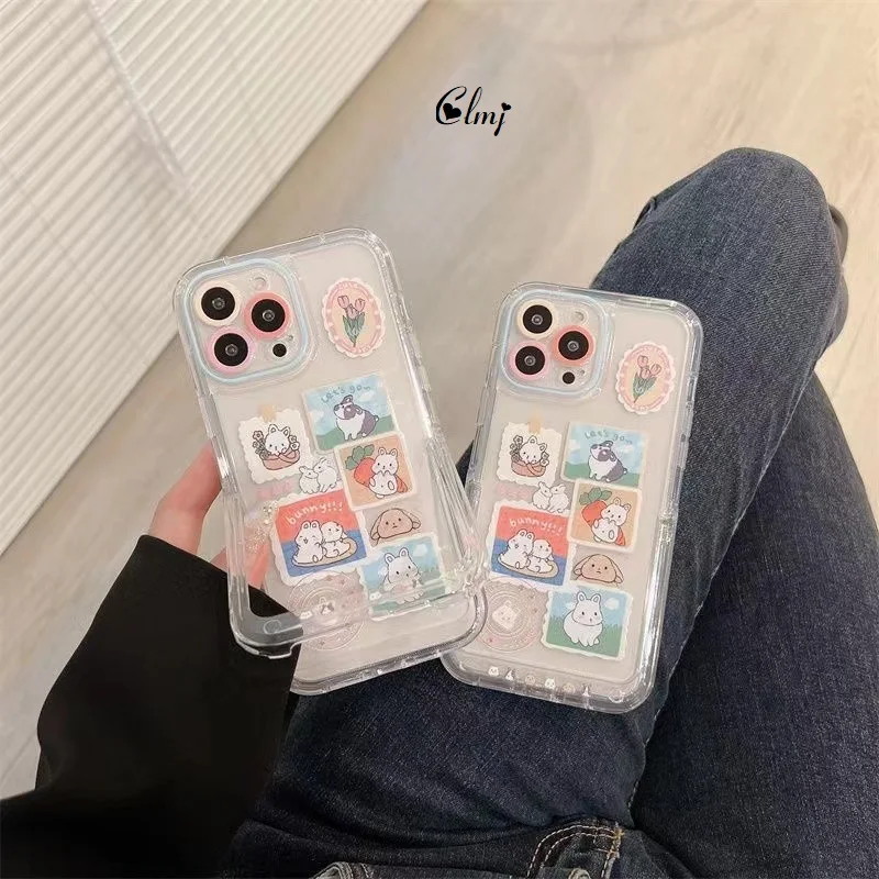 

Clmj Cute Rabbit Phone Case For iPhone 11 12 13 Pro Max 14 Plus Soft Silicone Protective Case Cover With Invisible Stand Holder