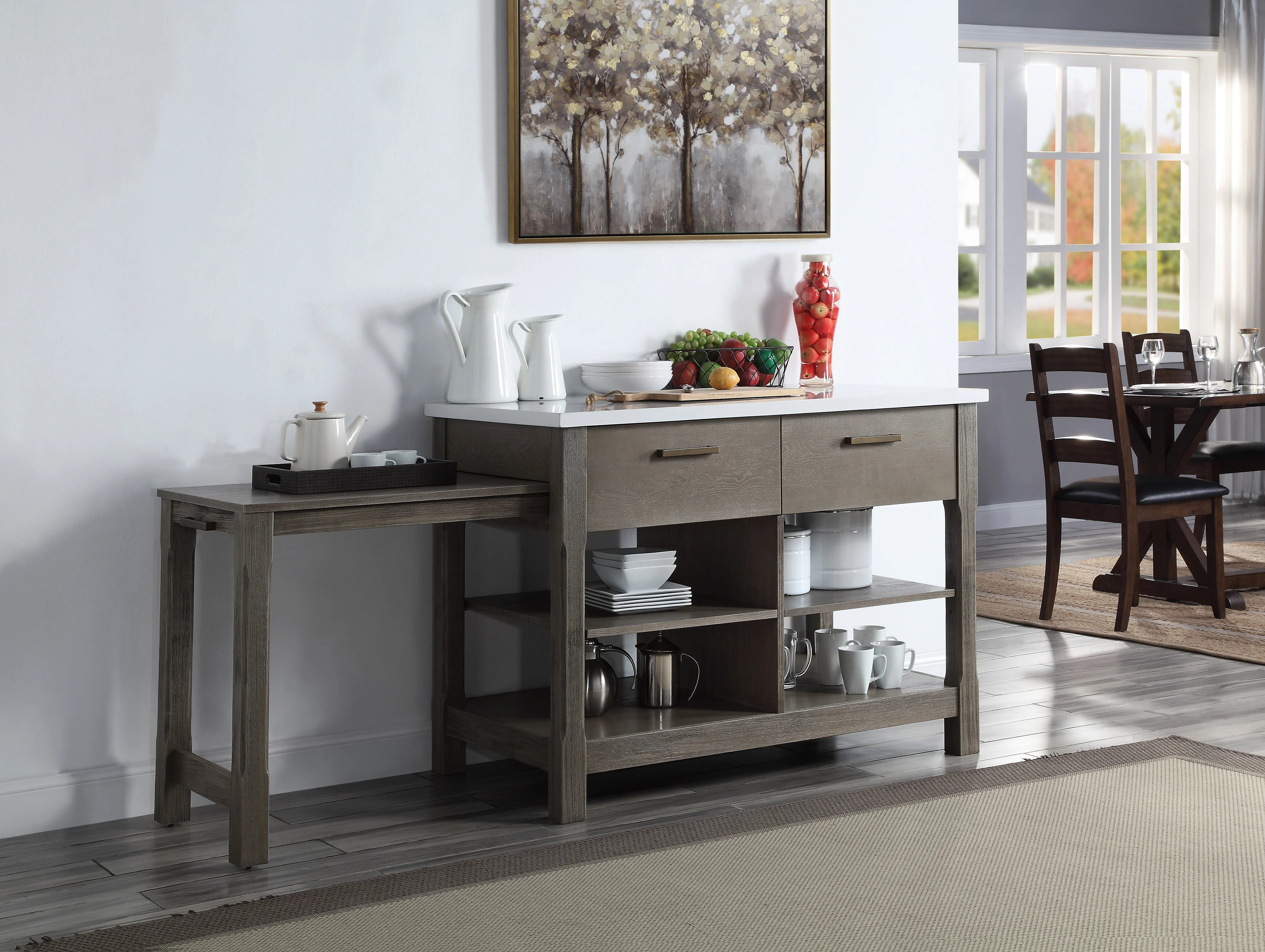 

Kitchen Island with Pull out Table in Marble Top Top and Rustic Oak Finish Dining Furniture Kitchen Furniture