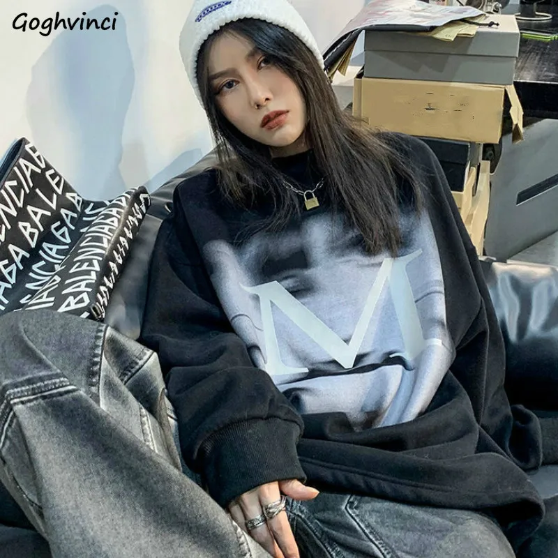 

Hoodies Women Thicken O-neck Harajuku Printed Pullovers Korean Style Hip Hop Streetwear Chic Loose Casual Bf Young Female Hot