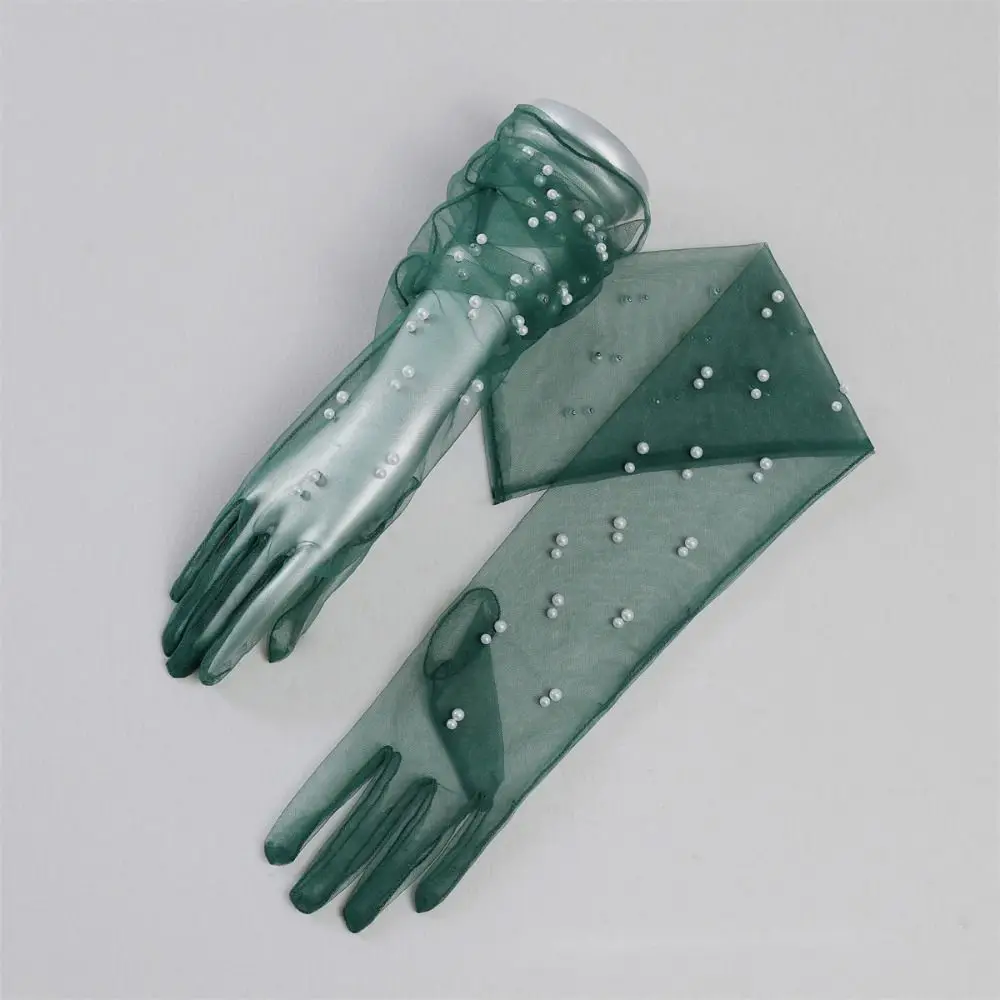 

Retro Dress Accessories Banquet Dinner Dress Party Bridal Mesh Gloves Wedding Pearl Mittens Lace Long Gloves