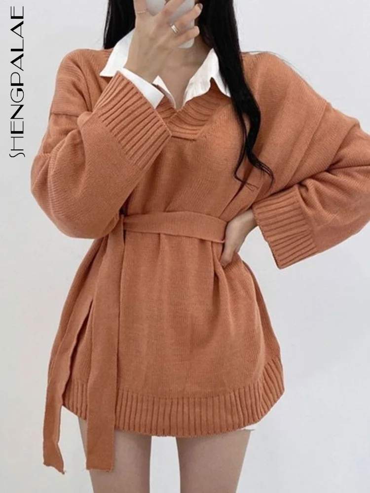 

SHENGPAIAE 2022 осень зима теплый пуловер вязаная одежда в Корейском стиле ретро на шнуровке с длинным рукавом v-образным вырезом простая женская о...