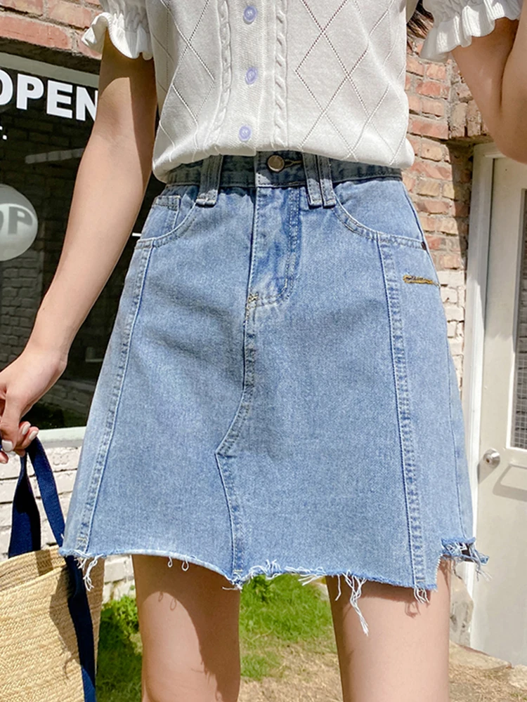 

Ailegogo High Waist Women Asymmetrical Frayed Hole Blue Denim Skirt Streetwear Female Raw Hem A-line Jeans Mini Skirts Bottoms