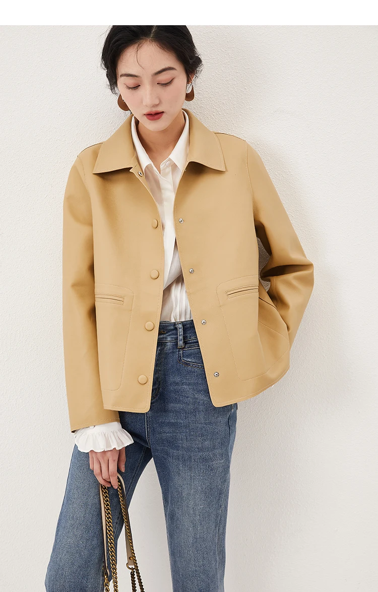 Enlarge Real Leather Jacket Women High-quality Covered Button Sheepskin Pockets  Casacos Femininos Inverno 2023  Blazer Mujer