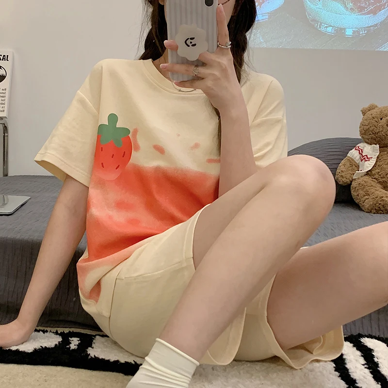 Summer Cotton Women Pajamas Set Loose Leisure Short Sleeve Top+ Pant 2 Pieces Women Sleepwear Home Wear Tracksuit Outwear