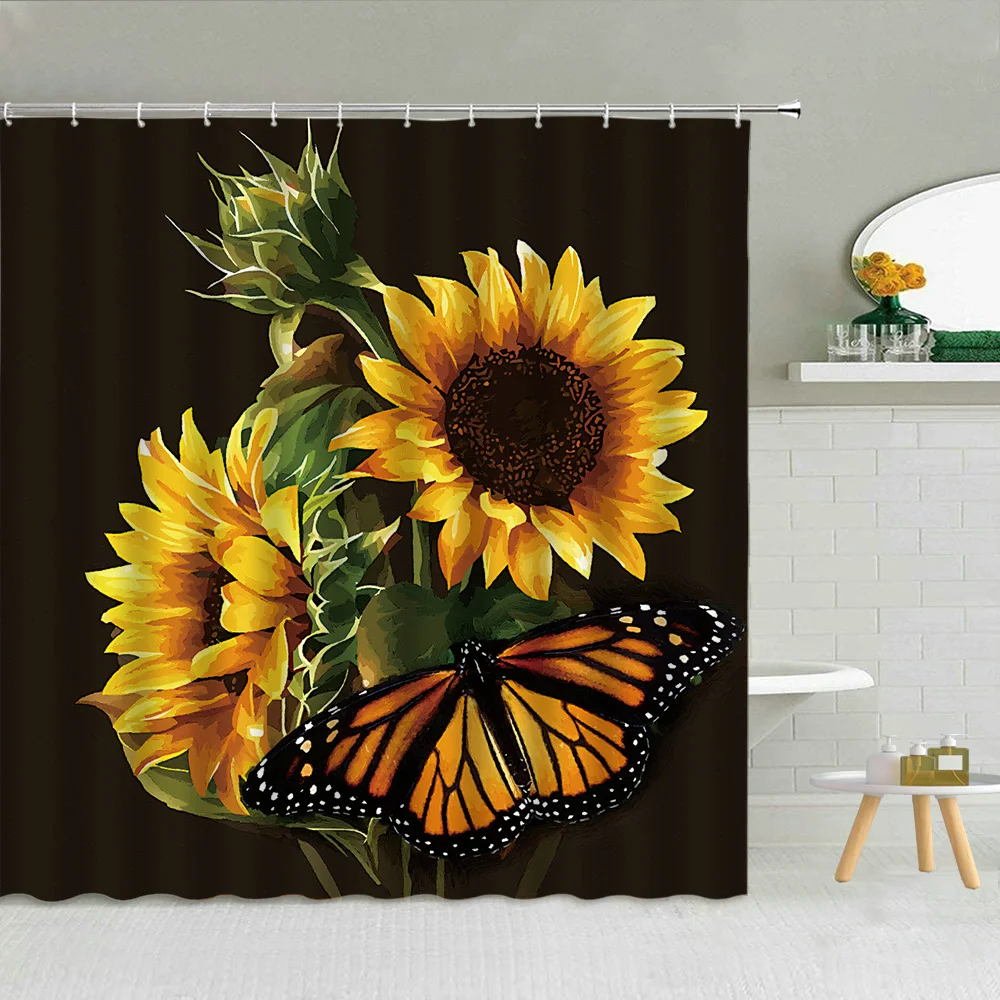 

Confession Shower Curtain Black Backdrop Bathroom Decor Floral Butterfly Scenery Sunflower Flower Lovers Waterproof Curtains Set