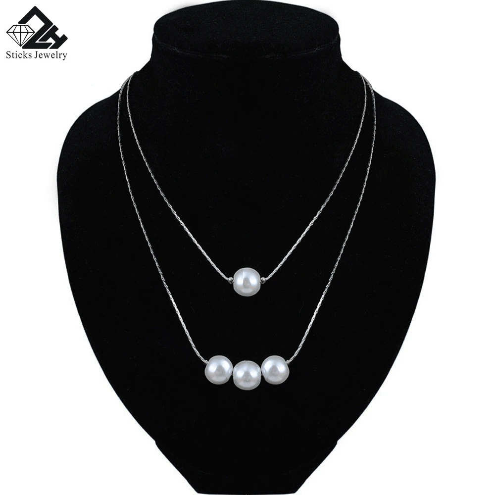 

Glass Pearl Necklaces For Women Silver Color Layered Long Chain Female Pendant Fashion Jewelry