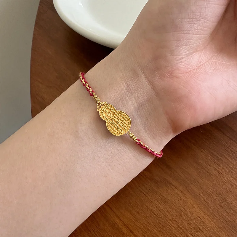 

S925 Sterling Silver Gold Gourd Bracelet Handmade Fine Woven Adjustable National Fashion Girlfriend B3072