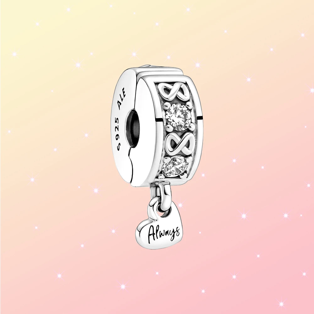 

925 Silver Infinite Hearts Sparkling Dangling Clip Charm Fit Pandora Making DIY Bracelet Necklace Girls Fashion Jewelry Gift