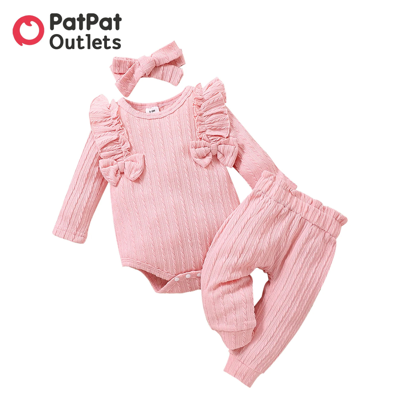 

PatPat 3pcs Newborn Baby Girl Clothes Jumpsuits New Born Babies Items Costume Pink Textured Ruffle Trim Bow Romper and Pants Set