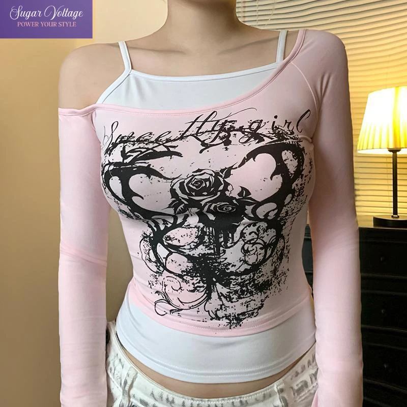 Y2k Slim Fit Топы с принтом Женская футболка открытыми плечами и длинными рукавами Neploe