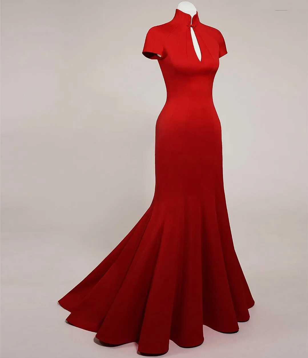 

Женское длинное вечернее платье с юбкой-годе, красное платье из крепа с высоким воротом и коротким рукавом, официальное платье с юбкой-годе