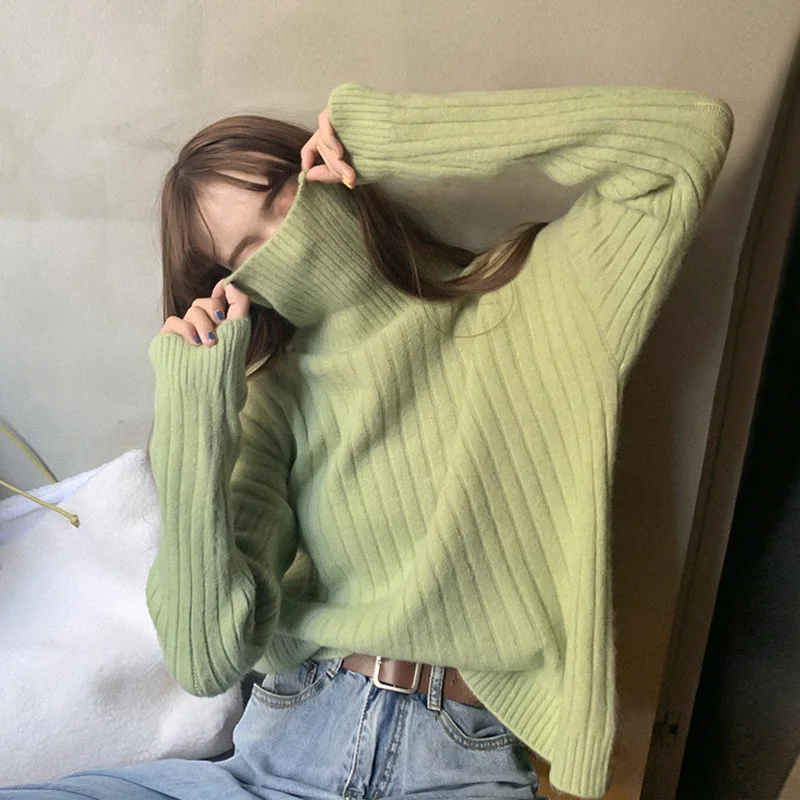 Gentle Relaxed Lazy Solid Pitched High Neck Pullover Sweater Women Autumn Winter Slim Knitted Shirt Long Sleeve Pullover Sweater
