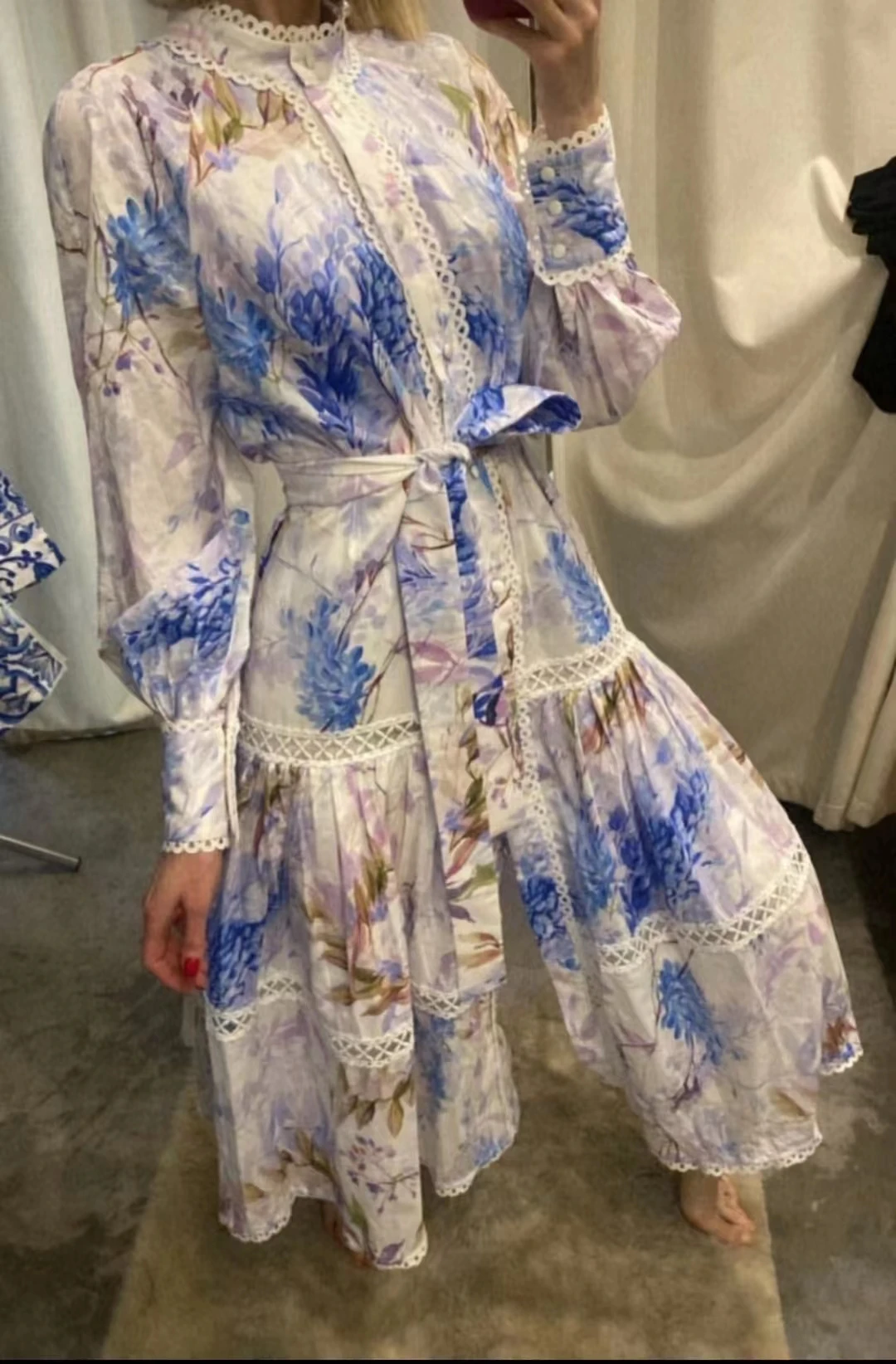 

Pastoral Girls 2023 Summer Women's Stand Collar Long-Sleeved Butterfly Flower Print Belt Hollowed Out Single-Breasted Dress