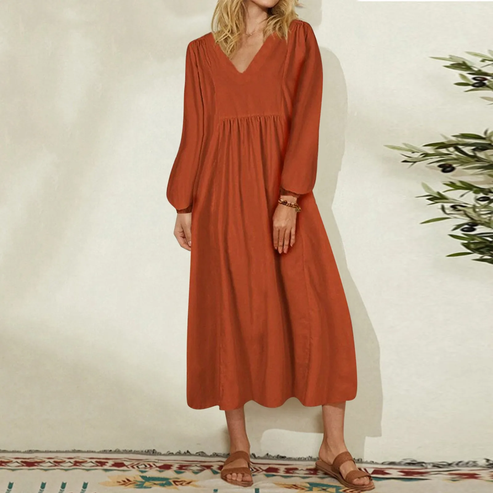 

Dress For Women Cotton And Linen Dress Mid Length Long Sleeve Dress Dress for Womens Long