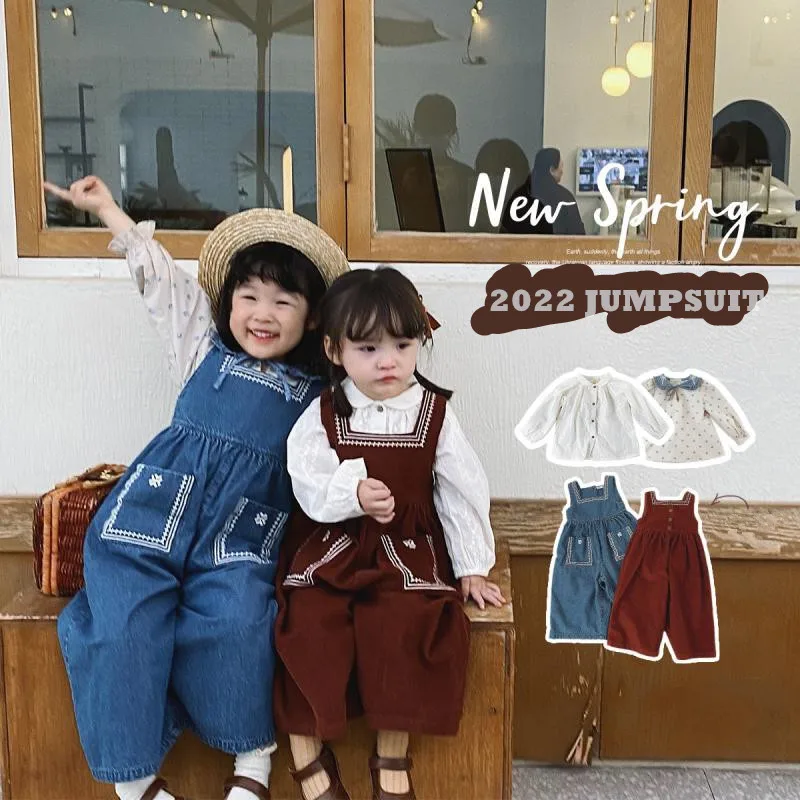 

Children's Overalls Jumpsuit 2023 Autumn Boys Girls Jeans Pants Kids Denim Jumpsuit Overall And Cotton Linen Blouse 2pcs Outfits