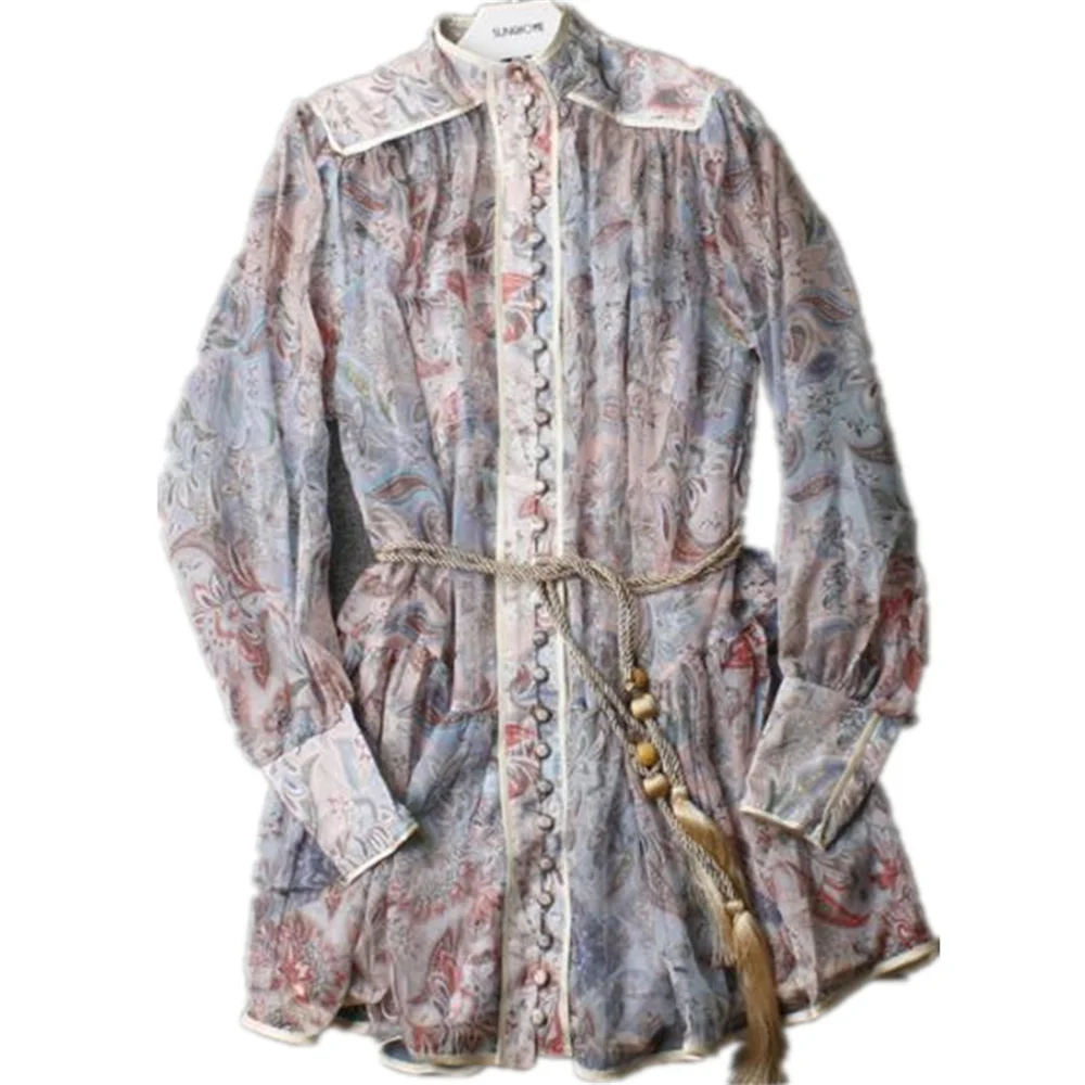 

Casual Loose Print Floral Dress Long Sleeve Single Breasted Belt women
