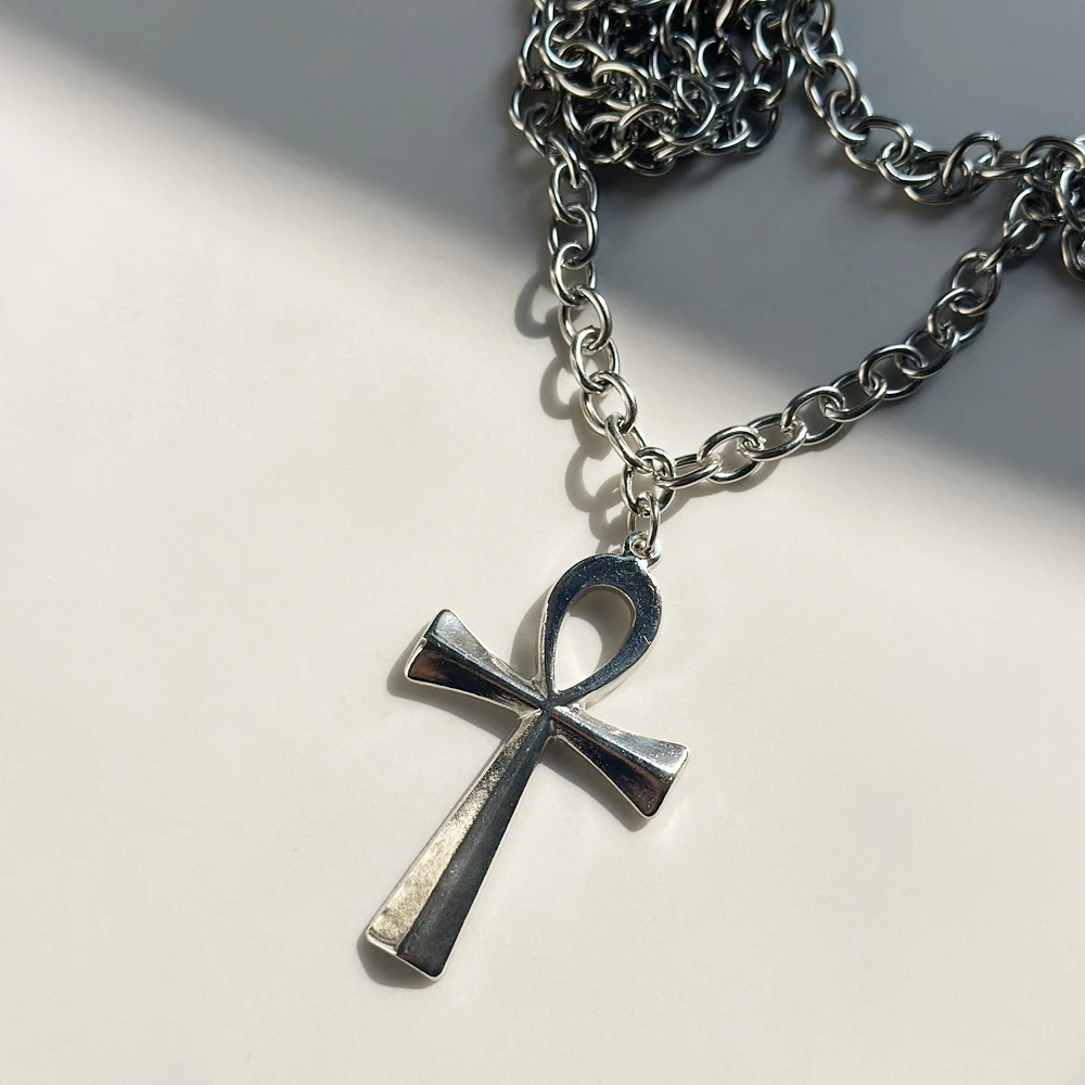 Унисекс большое египетское ожерелье с подвеской в виде креста Анк посеребренное