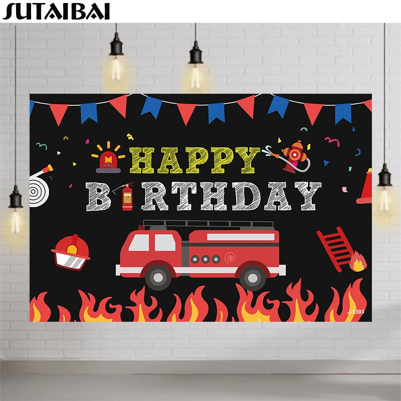 Firetruck Theme Backdrop Firemen Kids Boys Happy Birthday Party Decoration Banner Firefighter Flags Photography Backgrounds |