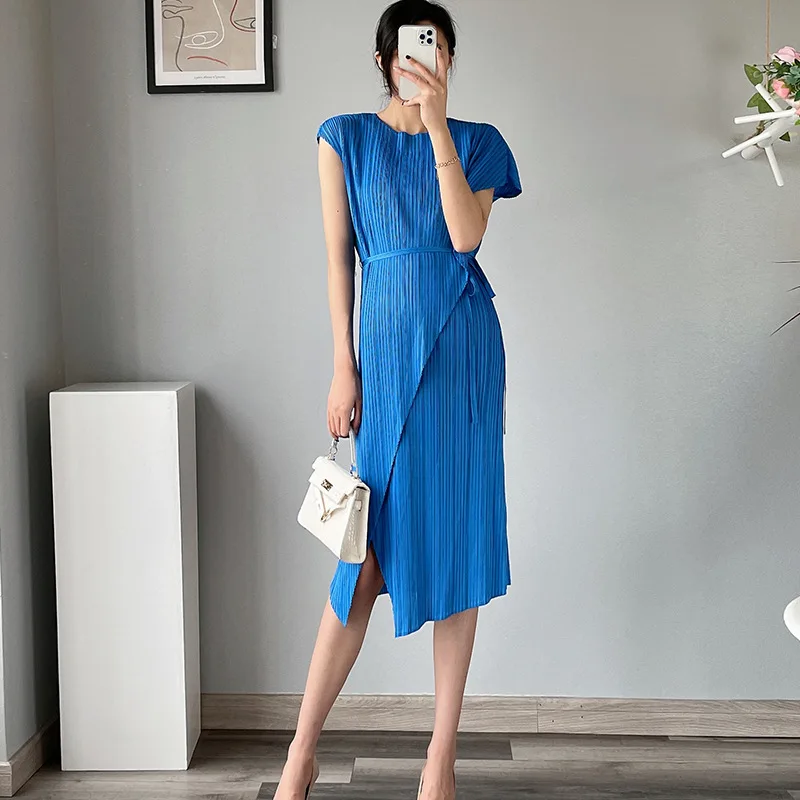 

Women Summer Pleated Dress Mid-length Fashionable Minority High Waist Splicing Waist Asymmetrical Lace Split All Match Dresses