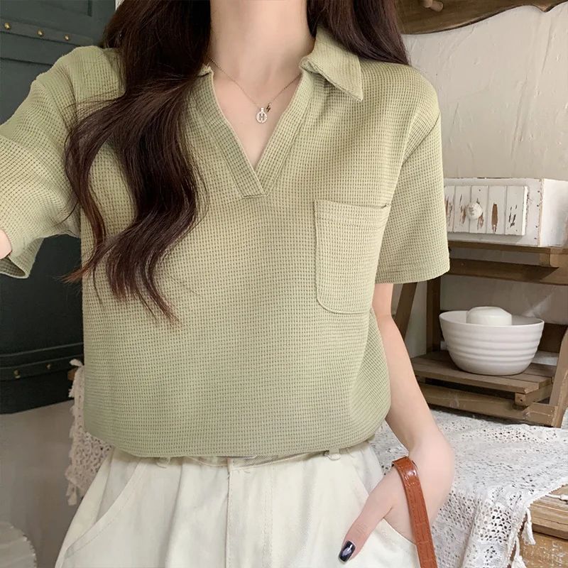 

Short Sleeve T Shirt Women Cotton Tshirt Turn-down Collar Top Pockets Casual T Shirts 2023 Summe Womens Clothing Tee Shirt Femme