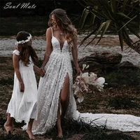 elegant boho chic wedding dresses 2022 for women lace v neck high split beach bride gowns backless appliques robe de mari%c3%a9e
