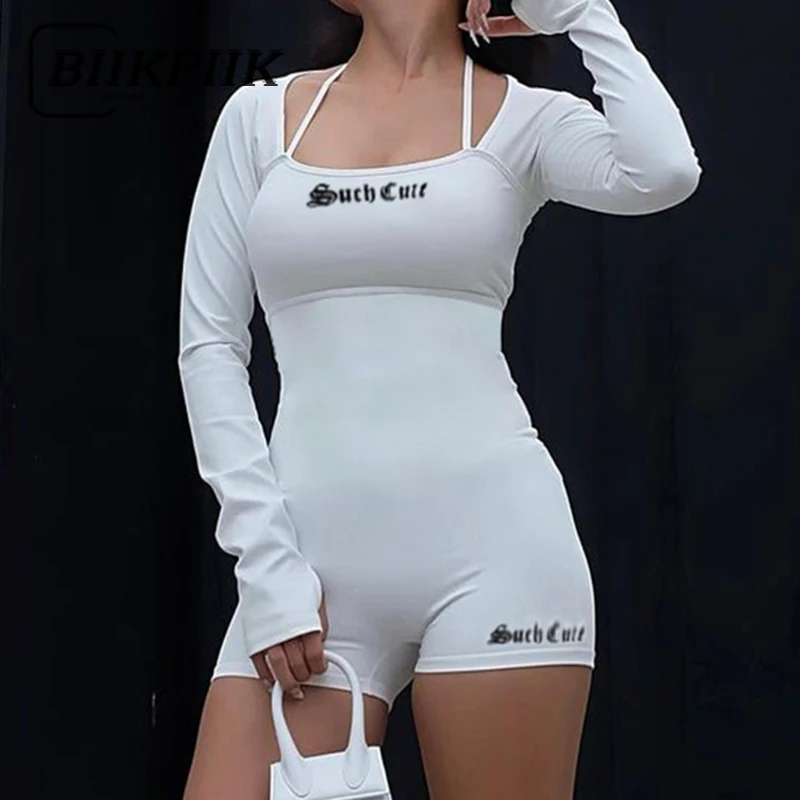 

BIIKPIIK Letter Halter Casual Playsuit Skinny Full Sleeve Sporty Fitness Basic Playsuits For Women Fashion Concise Outfits New
