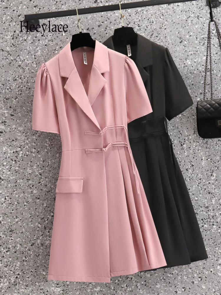 

Summer Mini Dress For Women Korean Sweet Pink Short Sleeve Notched V Neck High Waist Solid Dresses Office Ladies Elegant Outfits
