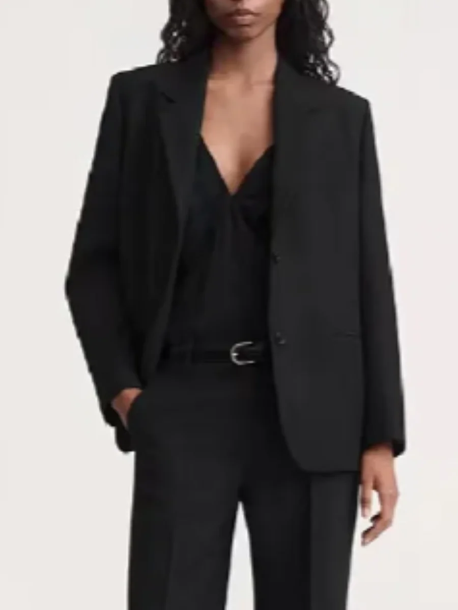

Women Black Blazer Notched Single Breasted Long Sleeve Loose Wool Blend Suit