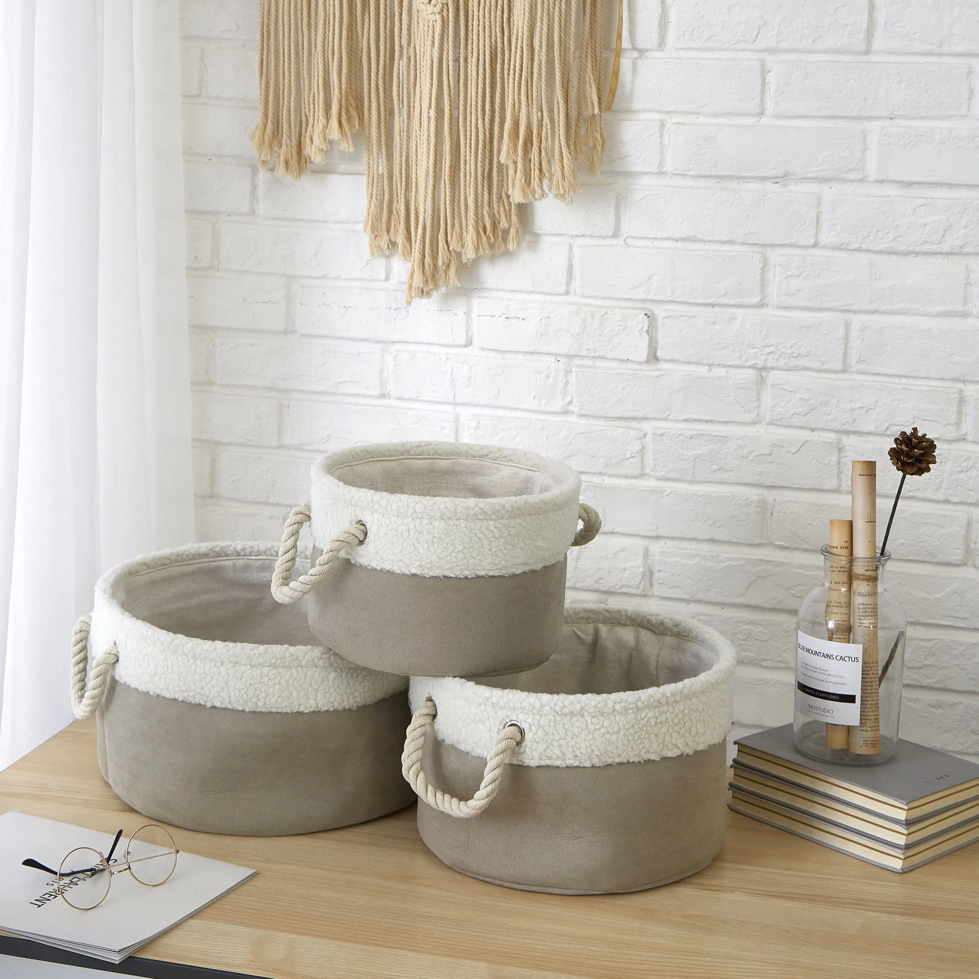 

Circular Trimmed Sherpa Storage, Set of 3, Taupe， desk organizer ， storage box