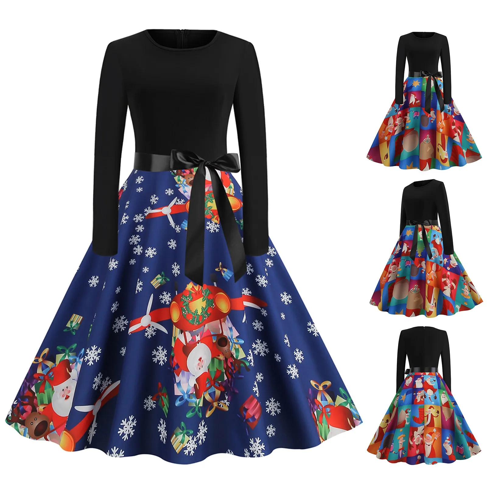 

Женское трикотажное платье с круглым вырезом, длинным рукавом и принтом