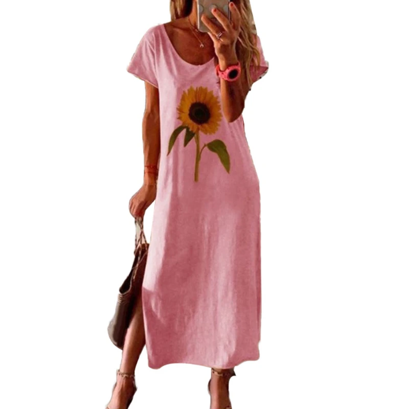 

Elegant Sunflower Butterfly Print Long Dress Summer Women O Neck Short Sleeve Party Dress Retro Female Slit Maxi Dress Vestidos