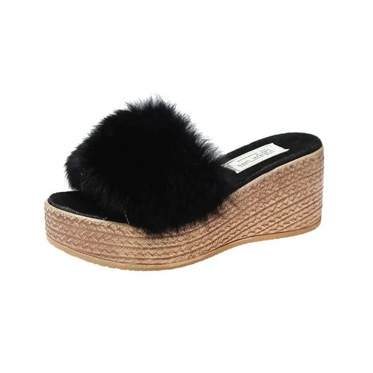 

Fur Slippers Summer Women's Faux Espadrilles Slippers Ladies Fluffy Flip-Flops2022
