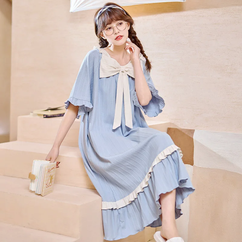 

Yasuk Summer Fashion Women's Casual Lovely Nightdress Nightgown Pajamas Set Simple Soft Kawai Bow Princess Style Blue